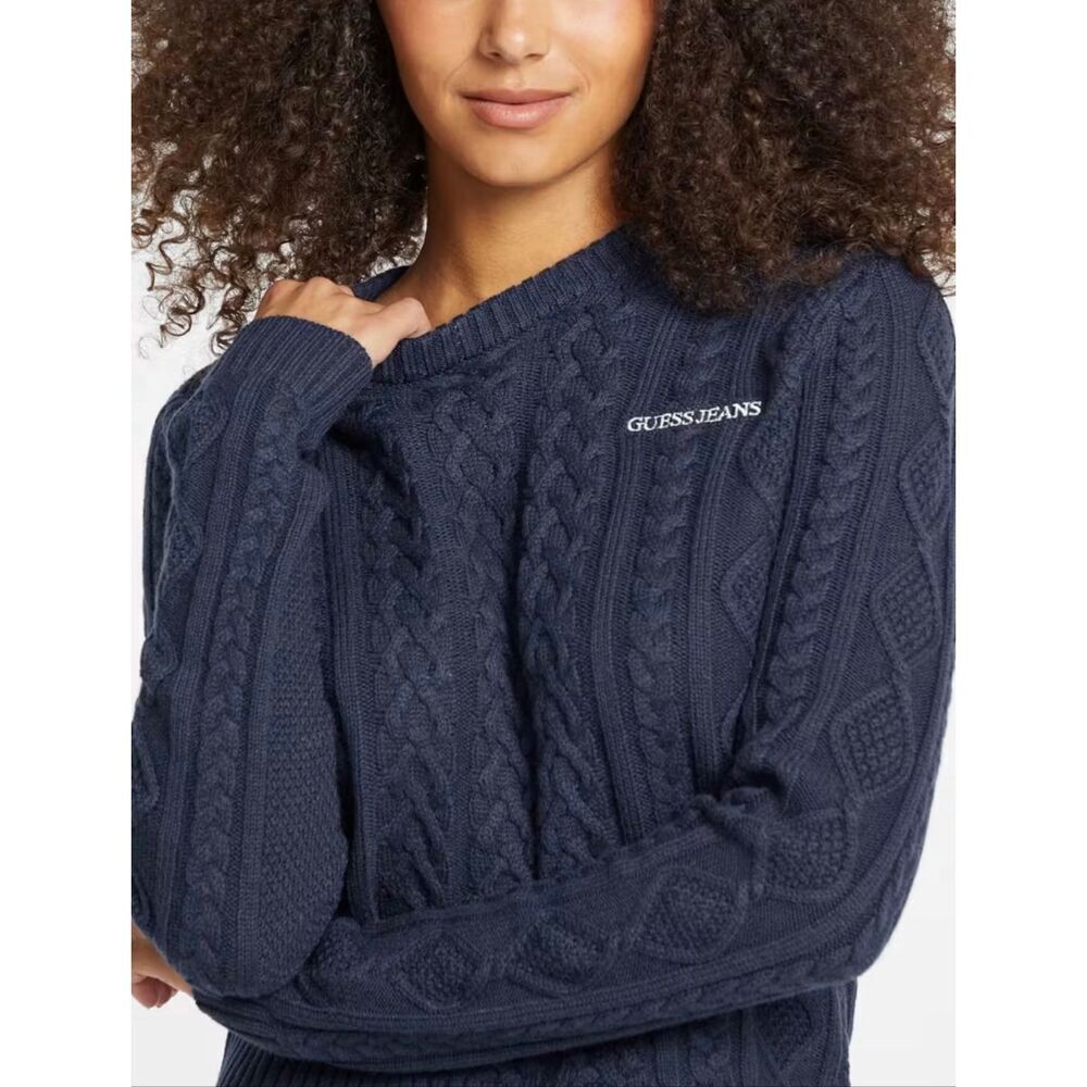 Guess Women’s Navy Blue Wool Blend Cable Knit Sweater Size Large New